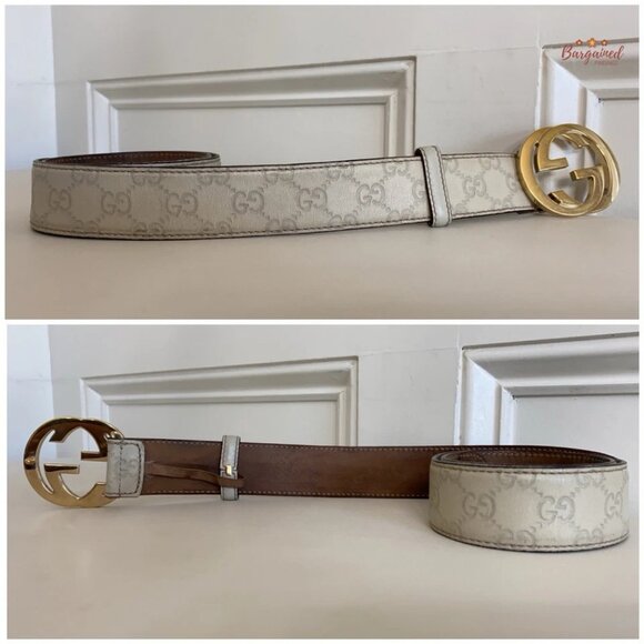 Authentic Gucci Cream Guccissima Leather Gold Interlocking G Buckle Belt 80/32 - Picture 10 of 13